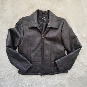 Vintage 90s Black Leather Jacket Moto Tailored Fitted Quilted Minimalist Sleek M